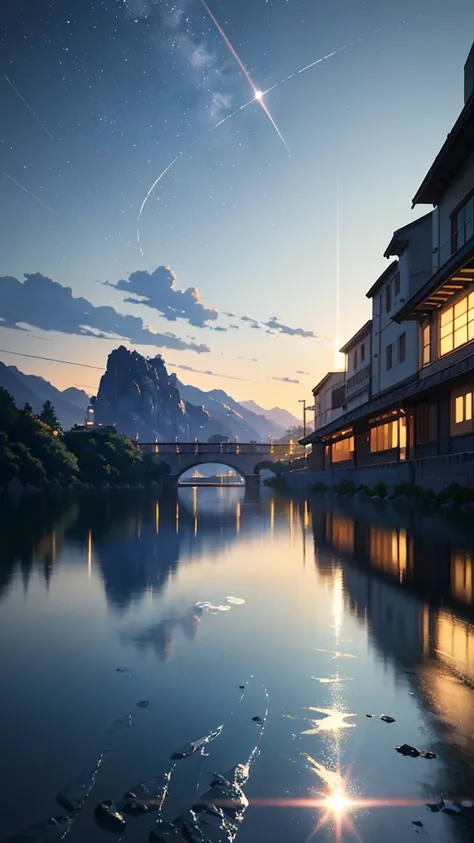 High quality masterpiece ，scenecy，Anime train passing through bodies of water on tracks， Brilliant night sky。Romantic train，pixiv，concept-art，Lofi art style，Reflectors。 by makoto shinkai, lofi art, beautiful anime scenes, Anime landscapes, Detailed scenery...