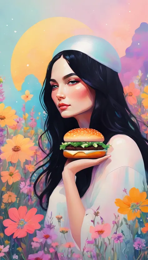 A digital painting of Hamburger with long black hair, posing amidst wildflowers. surrounded by vibrant colors and shapes that create depth and texture. The artwork has a soft pastel color palette, giving it a dreamy quality. The painting is done in the sty...