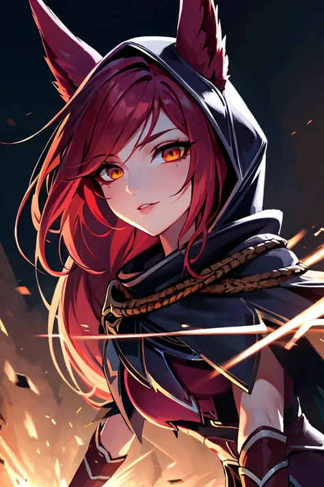 ​masterpiece, 8k, detailed face, portrait, 1 girl, ( xayah (League of Legends 1.1)), hoodie, cape, sexy pose, pretty face, asymmetrical long hair, Red hair, belt, black stockings, Orange eyes, sweet grin, forest in the background, pose for the camera, look...