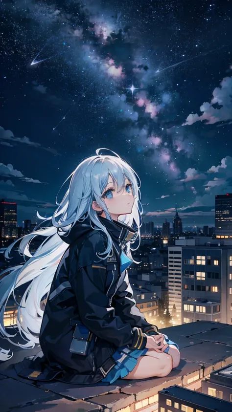 octane, sky, Star (sky), scenery, Starry sky, Night, 1girll, Night sky, Solo, Outdoors, Building, Cloud, Milky Way, Sitting, tree, Long hair, City, Silhouette, Cityscape, Looking Up The Sky, 8K, Beautiful night sky, Ray tracing, Masterpiece, Cute face