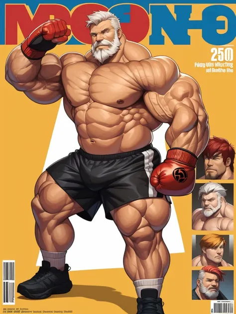 (magazine cover), with text, solo, 1boy, (Huge Muscular Old man as a boxer, wearing boxing gloves , wearing shorts, topless) (short hair, 2tone hair color, two tone hair colors, red and white hair color), pectoral, abnormal muscle size, very big muscle, ab...