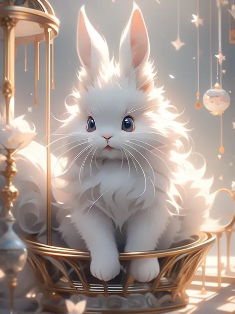 A white rabbit is sitting on a cat tree。, soft and fluffy, Gray Hair, Great Features, fluffy face, Large anthropomorphized, fluffy!!!, Beautiful rabbit, fluffyした!!!, fluffy rabbit, Amazing rabbit, Silver-haired madman, Serious expression, outrageously fluf...