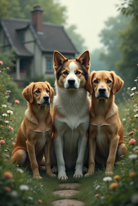 four different sad dogs in a garden with a house in the background 