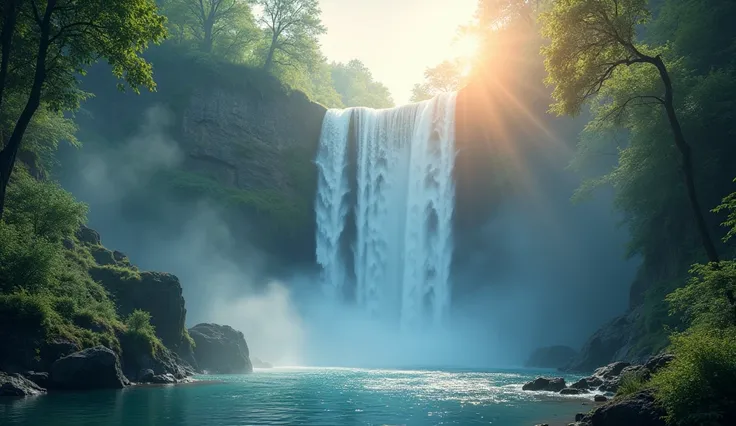 A background image about "lofi music with huge waterfall vibes" that showcases a majestic, towering waterfall cascading down into a tranquil, mist-covered pool. The scene is surrounded by vibrant, lush greenery and towering trees, with soft, warm sunlight ...