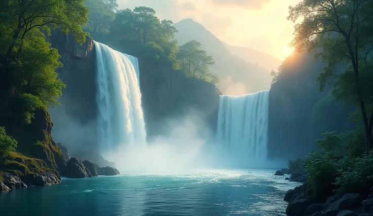 A background image about "lofi music with huge waterfall vibes" that showcases a majestic, towering waterfall cascading down into a tranquil, mist-covered pool. The scene is surrounded by vibrant, lush greenery and towering trees, with soft, warm sunlight ...