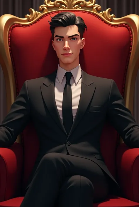 Handosome semi animated 25 yearsold man sitting in the red royal chair wearing a black suit.