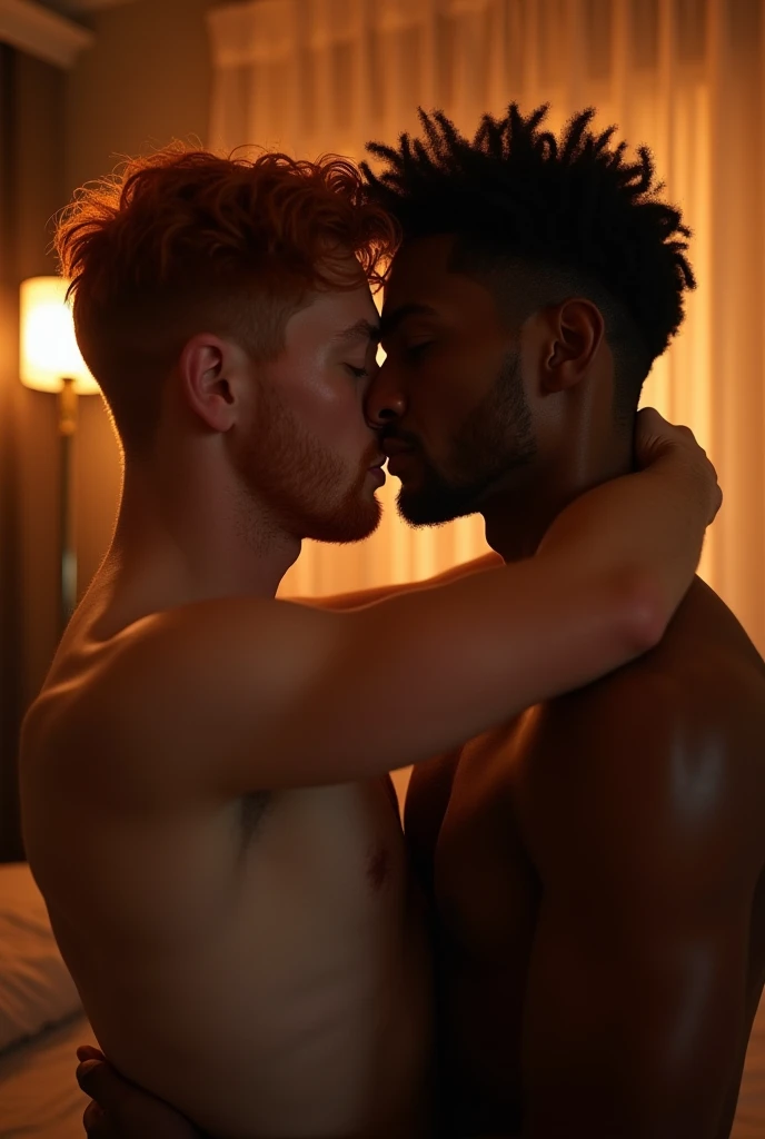 A romantic intimate embrace between a ginger-haired and black-haired gay couple, highly detailed, ultra-realistic, cinematic lighting, warm color palette, soft focus, masterpiece, dramatic, passionate, tender, loving, emotional, intimate, close-up, (best q...