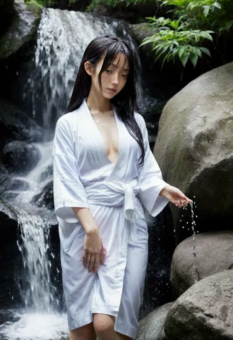 In the bright forest、Young woman bathing in a waterfall。Her naked body is visible through her wet, thin, white yukata。Clothes left on the rocks。Long hair。photograph。Slim Body。