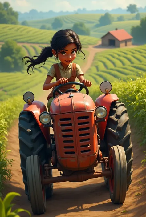 Indian girl in farm driving tractor 