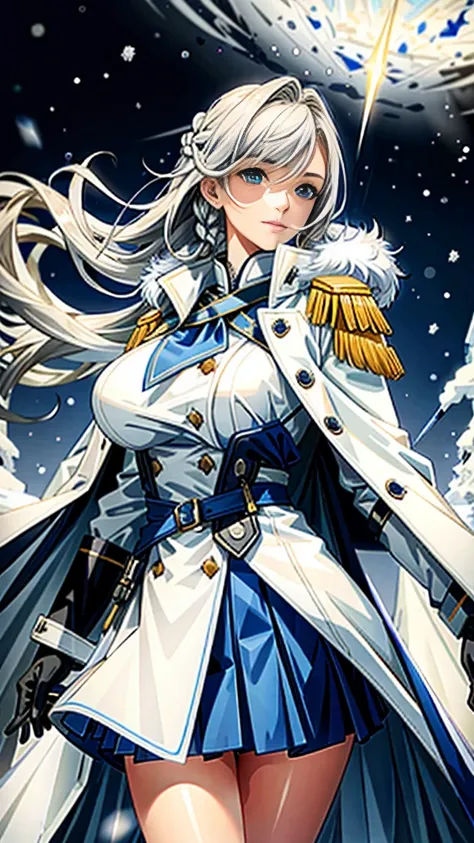 (highest resolution, distinct_image), realistic, Best quality, single person, one girl, solo, masterpiece, highly detailed, realistic, long hair, braided white blond hair, (blue military uniform underneath the coat), depth of field, (falling snow), ((big b...