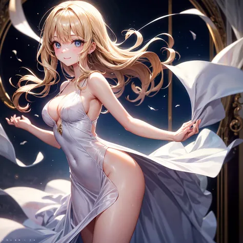 Standing in a dimly lit and elegant room、Glossy and sensual、And a charming woman。She was wearing a shiny white silk dress.、The fabric flows smoothly with her graceful movements.。Every time she walks, her smooth legs peek out from the deep slit.、Every time ...