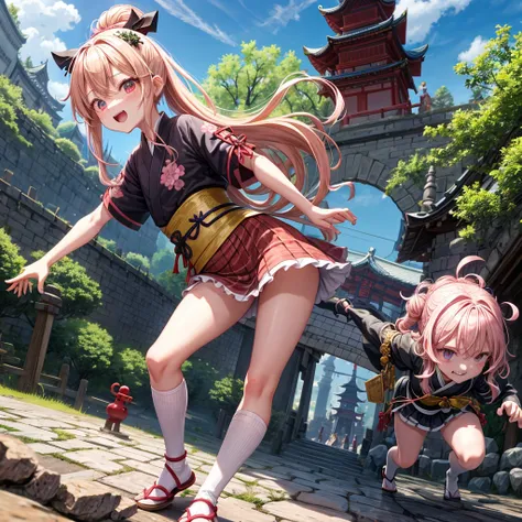 Pink Blonde、Red eyes、Wavy Hair、Hair tied up、Two cute、Checked mini skirt、black t-shirts、kimono、China、Frills、Knee-high socks、Teeth are visible、Monster Castle、Tilting face、grass、Stones are growing out of the ground.、In front of the city gates、Underground tunn...