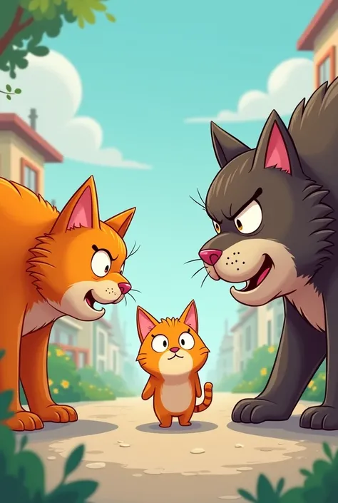 Create a cartoon type cute cat getting bullied by other strong cats