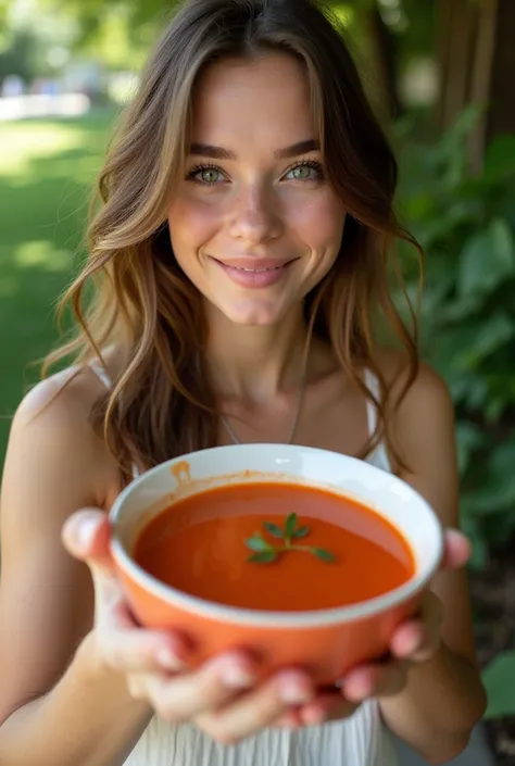 Arafed Femme portant un débardeur blanc et un collier, Fille sexy aux yeux verts, Portrait Sophie Mudd, cheveux bruns et grands yeux, selfie dune jeune femme.
Boit une cuillère de Gazpacho dans un jardin ombragé. Elle porte une robe légère en coton blanc, ...