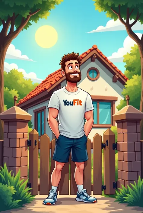 cartoon man at the gate of a house in gym clothes with a t-shirt saying youfit looking at the sun