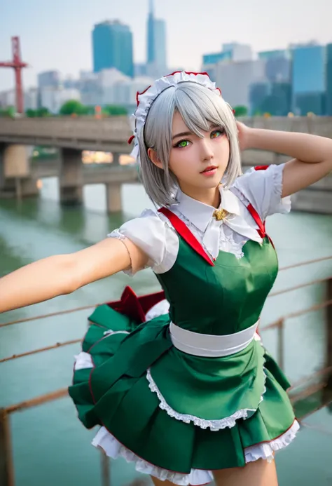 masterpiece, Highest quality, figure, Fighting Pose, One girl, Noel Genshin Impact, Silver short hair, Green Eyes, Maid skirt with red side parts, Maid Knight, Maid Knight armor, City Bridge, water,