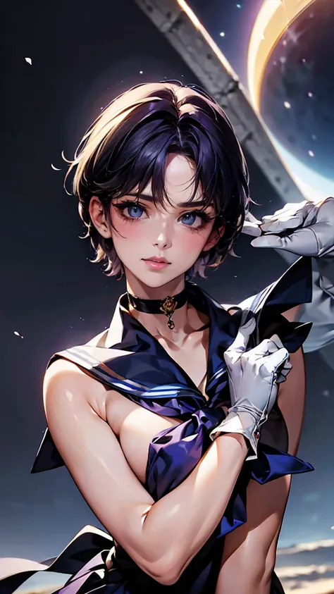 Sailor Mercury,1 person short hair, nude, naked(high quality,8k,Black Hair, Realistic, 最high quality, Purple dyed hair, Purple Hair, lumasterpiece,Very detailed, Confused)1.5,((Summer 1, tiara, , White gloves, Blue sailor collar, )),City of night,White glo...