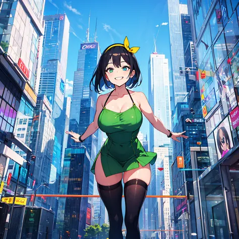 (solo), (1 skinny girl standing), arms behind back, swaying back, (tight-fit black thighhighs), collarbone, BREAK, (yellow hairband), green sheer dress with shoulder straps, (shoulderless white shirts under dress:1.2), glass-walled skyscrapers in distance,...