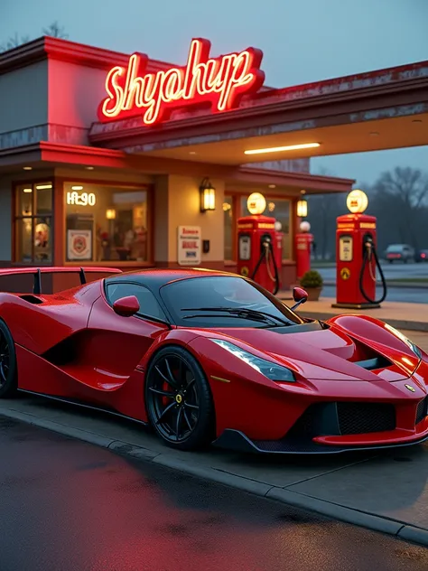 Fusion of red lamborghini and Ferrari F-40 classic parked in front of a gas station, highly detailed hyper real retro, vehicle photography, car photography, automotive photography, octane ray tracing, photo realistic octane render, auto photography, detail...