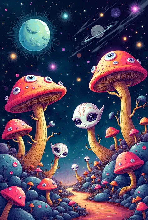 Drawing of psychedelic mushrooms, eyes and aliens in galaxy with neon colors doodle drawing