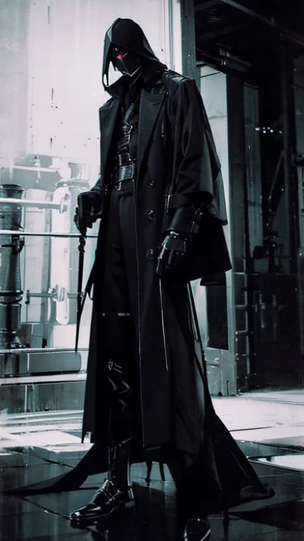 Black Hair、Cold look:1.5、Dark Background、night、whole photo、Black gloves、Ominous Machine Lifeform、Nihil、Half of his body is made of machinery、Mechanical Man:1.5、Modern clothing:、Creepy、Scary atmosphere、Long coat、basement、Dim lighting、Dark Shadows