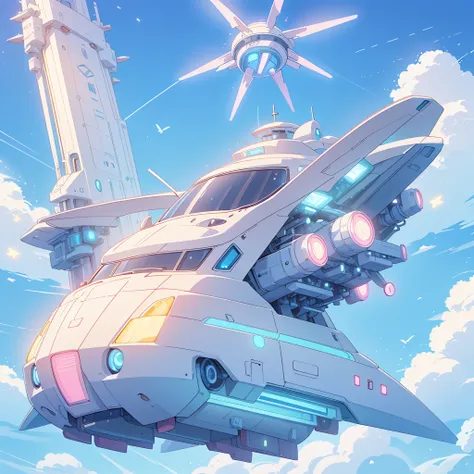 A futuristic flying star-shaped pastel-colored vehicle、kawaii tech,No people、