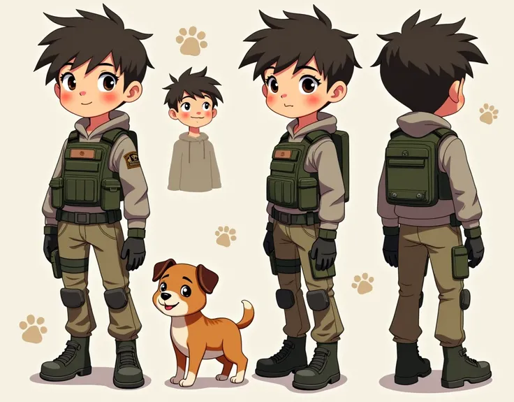 Standing boy, cute, 1 boy, , 4-sided design, Diagonals, front, back, profile, Head to body ratio 5, character sheet, whole body, simple background, Four perspectives, tactical gear, bulletproof vest, Good quality, high detail, Puppy Suin,Good quality, high...