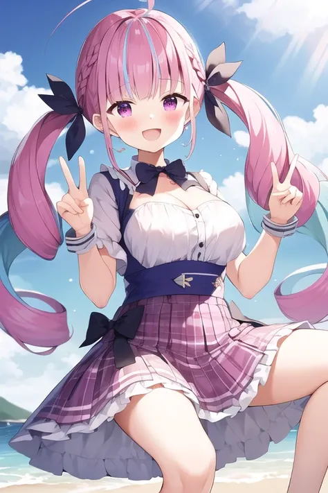 Minato Akua、Multi-colored hair、Twin-taileis、inner hair color、Two-tone hair、Drill Hair、twin isrills、Ahoge、Ankle cuffs、striateis hair、 (Highest quality, 8k, masterpiece, Super isetaileis:1.2), Peace sign with both hands,Standing on the beach,Raise your hands...