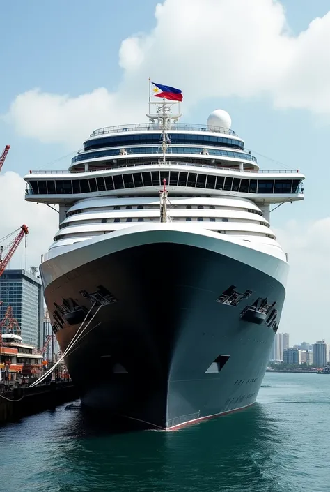 A cruise ship named MS Johann size of the harmony of the seas docking at Manila port with a black hull and the philippine flag 