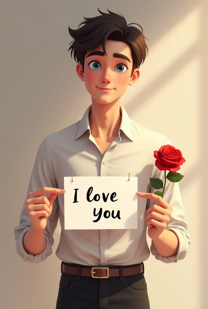 A young cute boy age 24 his face is so cute,blue eyes,white shirt, black pant, holding a white board in right hand with text "I Love you  and showing it to the viewer and in left hand a beautiful red rose 