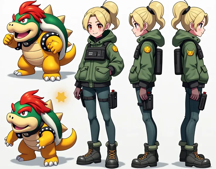 Sonia,pokemon,Standing Girl, cute, 1 girl, , 4-sided design, Diagonals, front, back, profile, Head to body ratio 5, character sheet, whole body, simple background, Four perspectives, tactical gear, bulletproof vest, Good quality, high detail, researcher,Po...