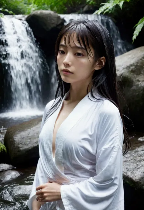 In the bright forest、Young woman bathing in a waterfall。Her naked body is visible through her wet, thin, white yukata。Clothes left on the rocks。Long hair。photograph。Slim Body。