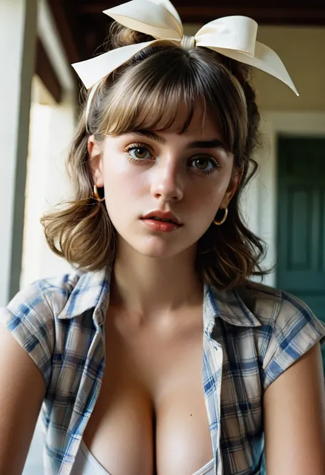 illustration, style of Philip Lorca diCorcia, cinematic film still portrait of young girl aged 18 yrs old, 1girl, solo, Instagram model, athletic figure, deep cleavage, large breasts, cute face, wearing a white flannel, wearing jean shorts, light brown hai...