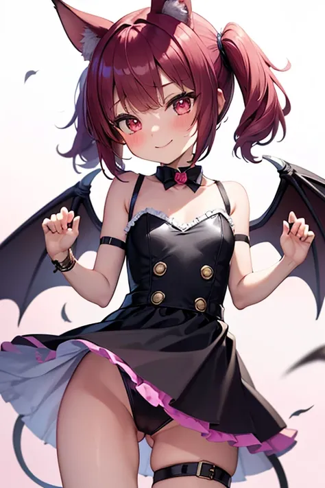 (masterpiece,best quality,ultra-detailed), an anime girl who is a mischievous and sweet succubus. She has candy pink m-shaped bangs short hair with twin ponytails, ruby round eyes, fruit bat ears and wings, wearing a succubus leotard dress, ankle straps, f...