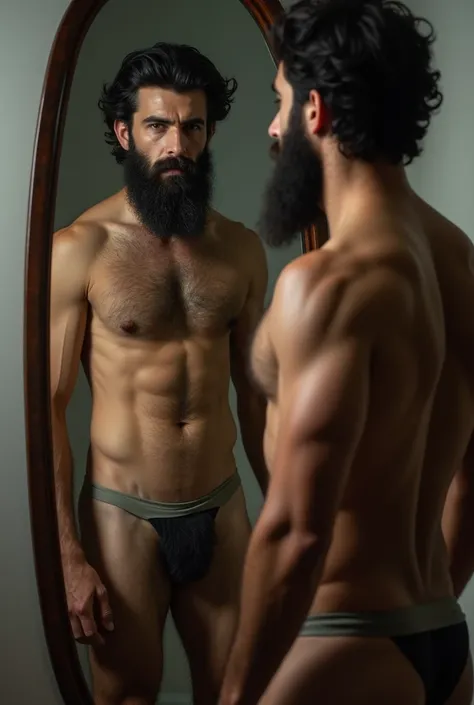 Strong hairy and bearded young Iranian man in front of the mirror naked naked from the stomach down, hairy groin, only bust showing.