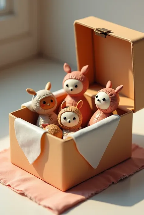 A box with plasticine figures neatly wrapped in film or foil.