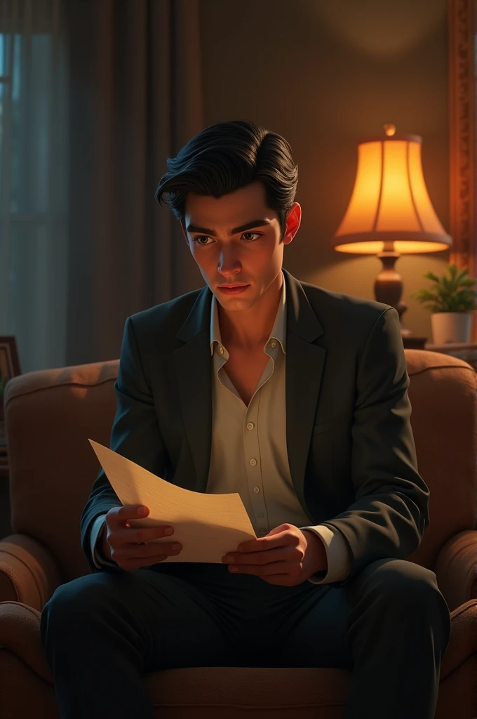 A sad handsome young man reading a letter at his home while standing, pixar style, cinematic, masterpiece, high-aesthetic, portrait 