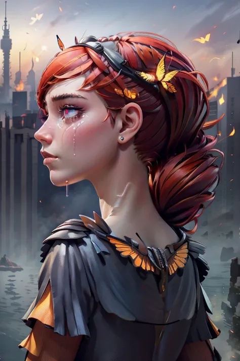 One girl, staring into the distance, nape of the neck, profile, burning eyes, flaming wings on her back, butterfly-like wings, crying, top of tower, outdoors, background of broken city