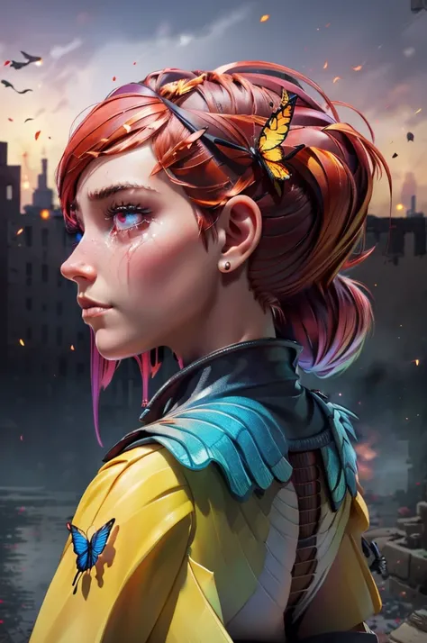 One girl, staring into the distance, nape of the neck, profile, burning eyes, flaming wings on her back, butterfly-like wings, crying, top of tower, outdoors, background of broken city