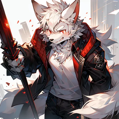 alone person, single, teenage boy, white wolf, long white hair, furry, ears fluffy wolf, eyesbrown white, red eyes, big wolf, high quality, high resolution, masterpiece, detail, jacket, white shirt, torn black pants, angry, smiling, face staring in behind,...