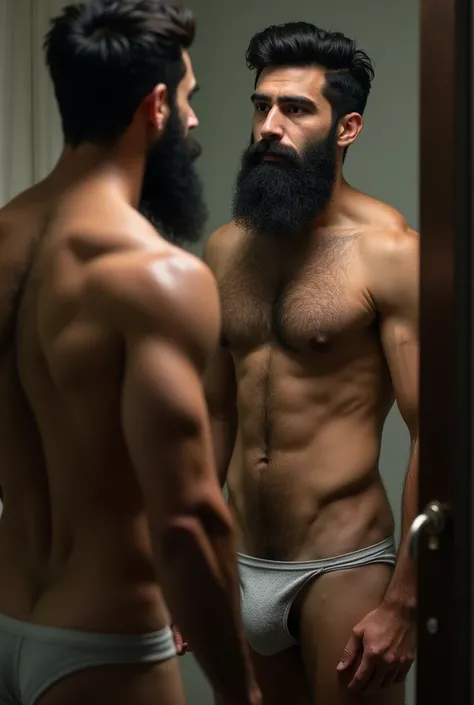 Strong hairy and bearded young Iranian man in front of the mirror naked naked from the stomach down, dental floss, very hairy groin, only bust showing.