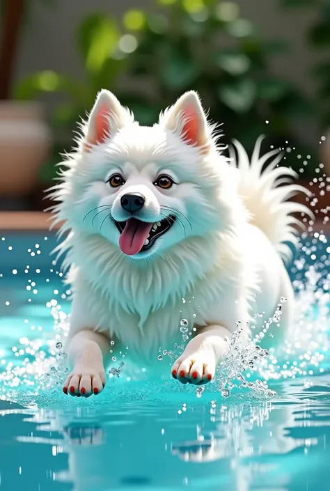 a white japanese spitz dog is swimming in the pool.