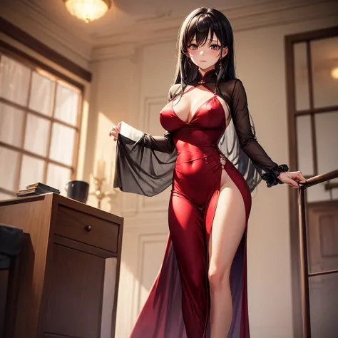 Standing in a dimly lit and elegant room、Glossy and sensual、And a charming woman。She was wearing a shiny crimson silk dress.、The fabric emphasizes the smooth curves、Swaying gracefully。Every time she walks, her smooth legs peek out from the slits.、Captures ...