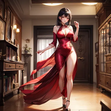 Standing in a dimly lit and elegant room、Glossy and sensual、And a charming woman。She was wearing a shiny crimson silk dress.、The fabric emphasizes the smooth curves、Swaying gracefully。Every time she walks, her smooth legs peek out from the slits.、Captures ...