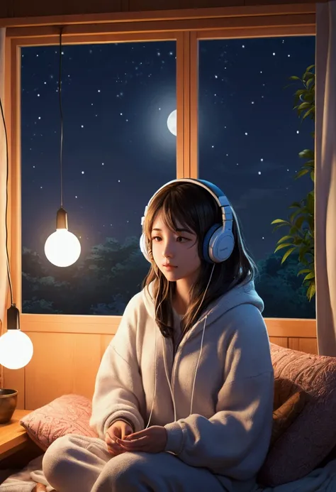 night、Girl listening to music in a cozy room, Wear headphones, Japanese anime style 