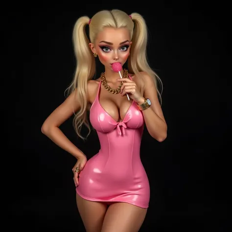  girl, very big buttocks, very big breasts, small waist, Honey eyes, blond hair, twin tails hair, Pink short latex dress, gold watch, gold chain around the neck, Gucci bag, sucking a lollipop photo studio, Black background, 