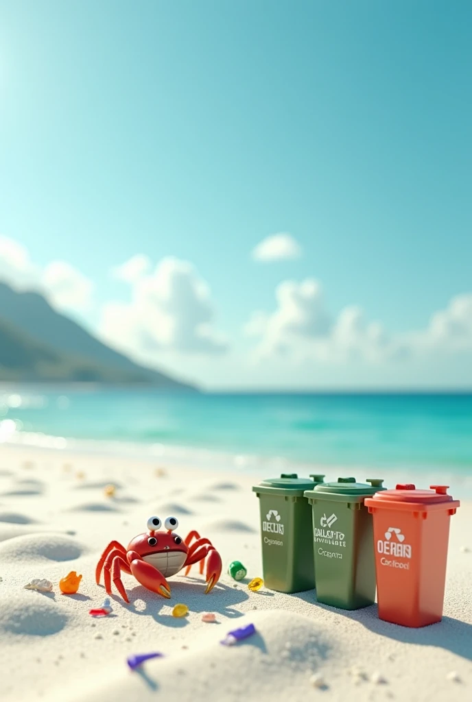 A crab picks up trash on the beach and puts it in a trash can. The three bins are labeled for recycling, organics, and other waste. The scene is of a long stretch of beach with soft white sand and turquoise waters, creating a dreamy scene.