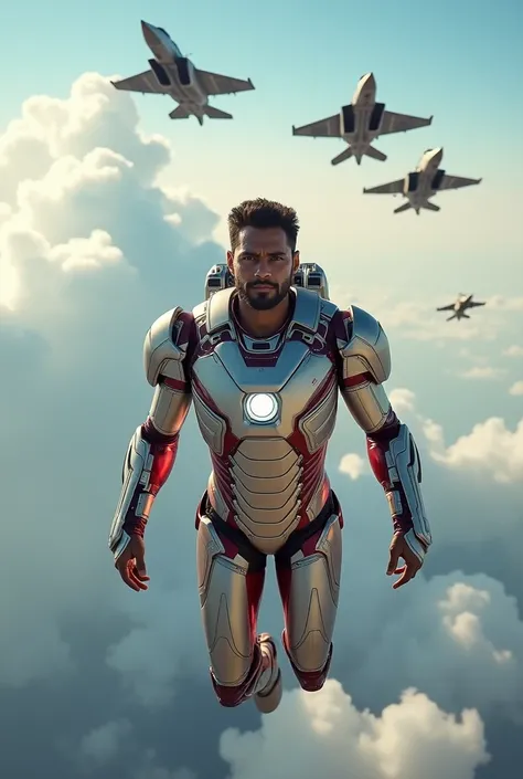 Indian man with iron man suit fly over the sky with fighter jet