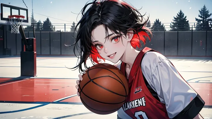 black and red basketball Jersey , short small tiny fememinie shotacon, femenine face, white snow skin, black hair, messy hair, mullet-cut, wide smile, dunking basketball, shining crimson eyes, masterpiece, 8k, basketball court background