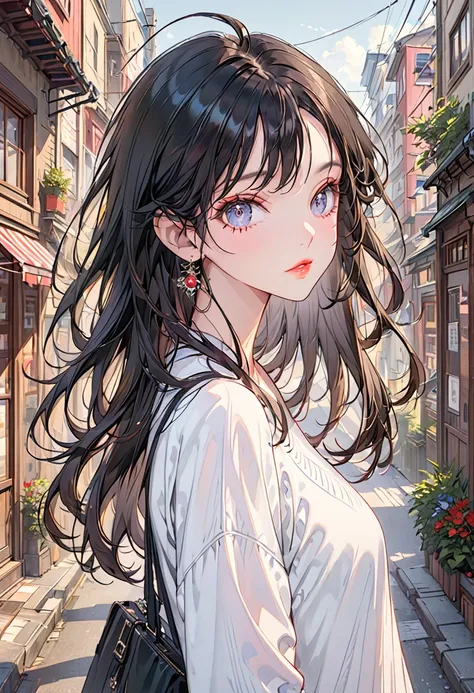 The background is an urban city(Highest quality,Very detailed,High resolution:1.2),Slim beautiful girl，very_Long eyelashes, Detailed lips, Cool look, Soft Skin, Shiny Hair,Exquisite makeup,Face up、Casual clothing、Ahoge